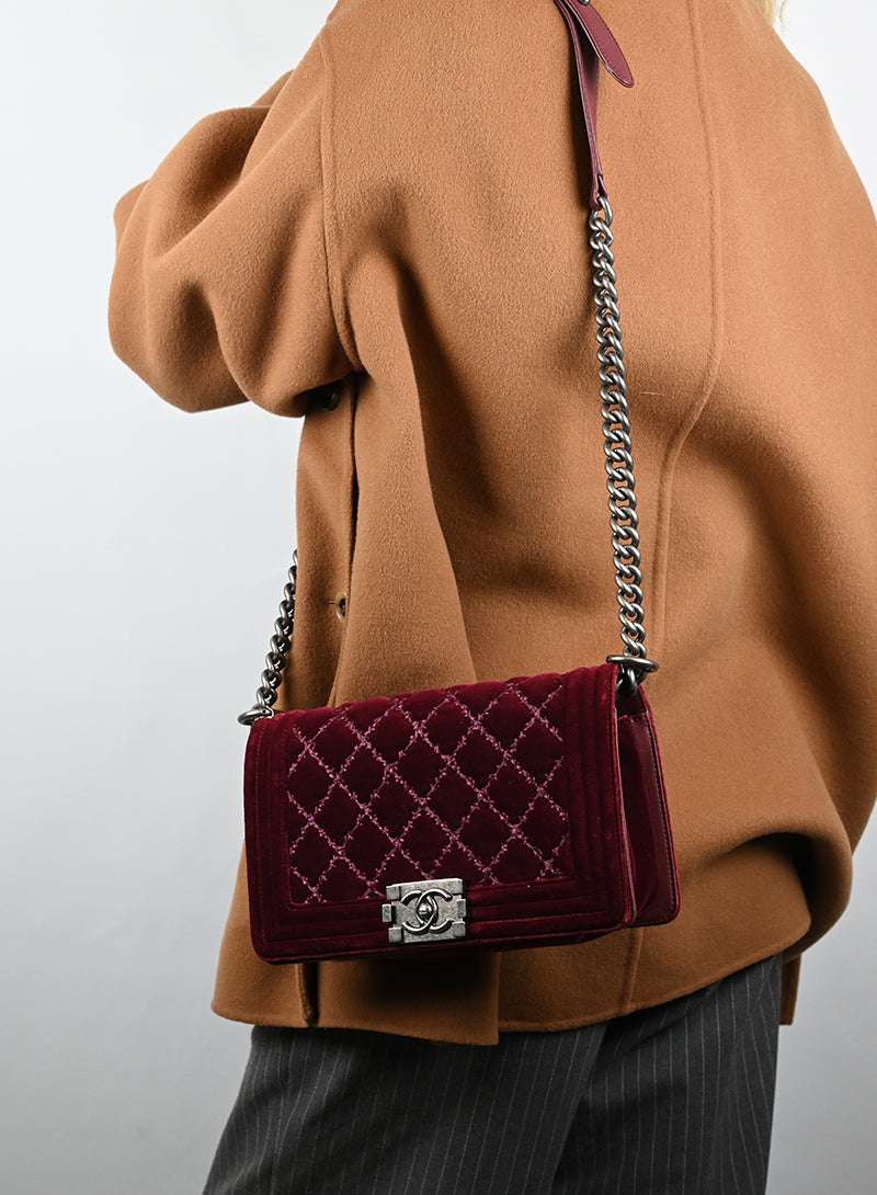 Chanel Burgundy Velvet Boy Bag - Luxury Quilted Shoulder Bag for Women | Perfect for Evening Parties, Weddings & Special Occasions