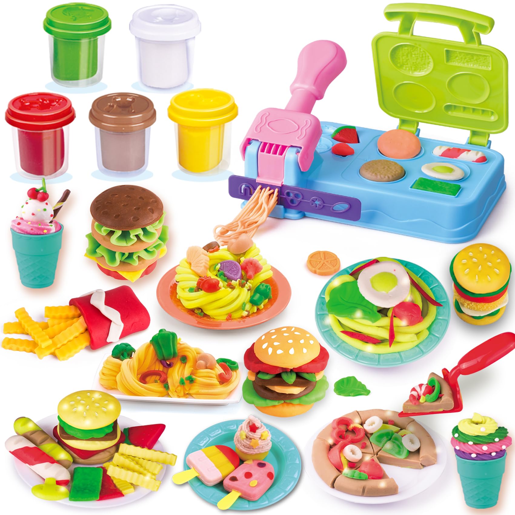 Kids Play Dough Set - 5 Color Ice Cream Burger BBQ Grill Playset for Toddlers Ages 2-8 | Preschool Pretend Cooking Toys for Boys & Girls | Perfect Birthday Gift for Creative Play & Sensory Development