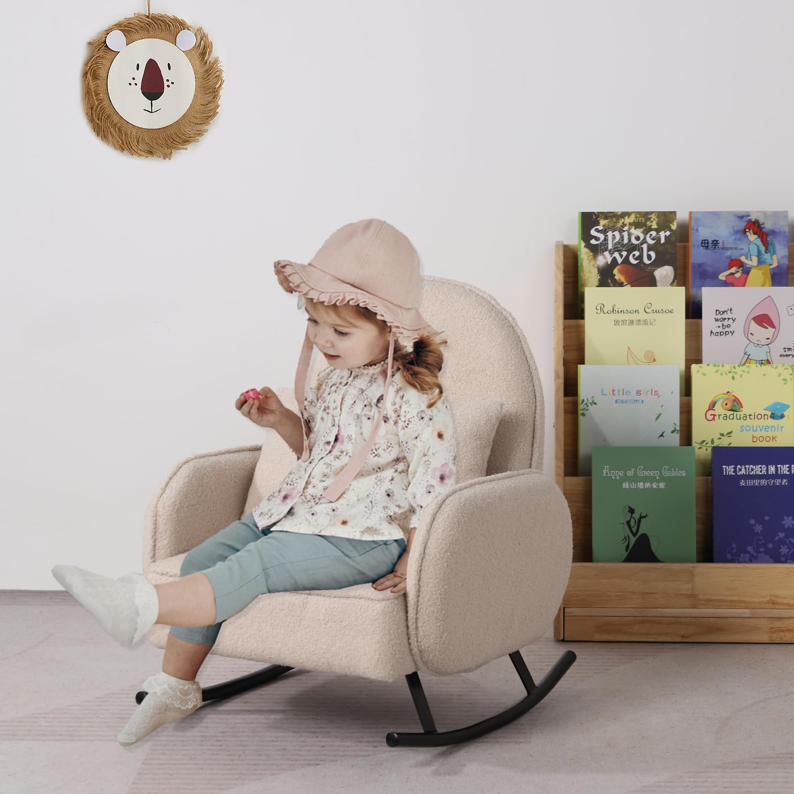 Baby Rocking Chair for Toddlers - Kids Rocking Armchair with Shaky Metal Base & Soft Sherpa Fabric - Cozy Nursery Rocker for Boys & Girls (Beige) | Perfect for Reading Nook, Bedtime Stories & Playroom Relaxation