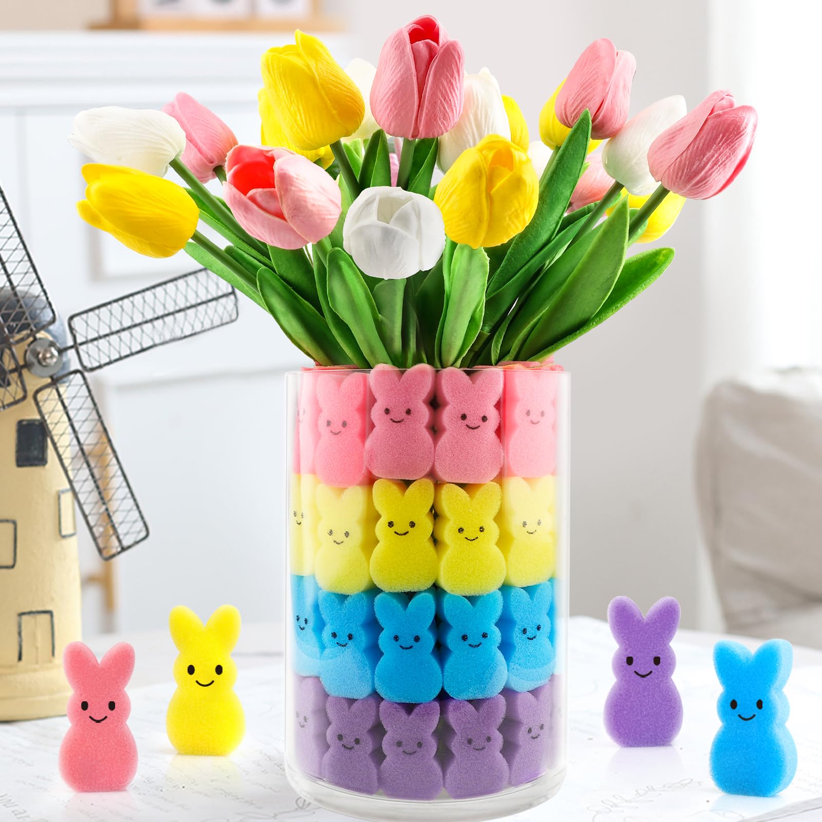 15pcs Artificial Tulips with 48pcs Bunnies Easter Vase Filler - Spring Home Decor for Tables, Indoor Centerpieces | Perfect for Easter Celebrations, Spring Parties & Home Styling
