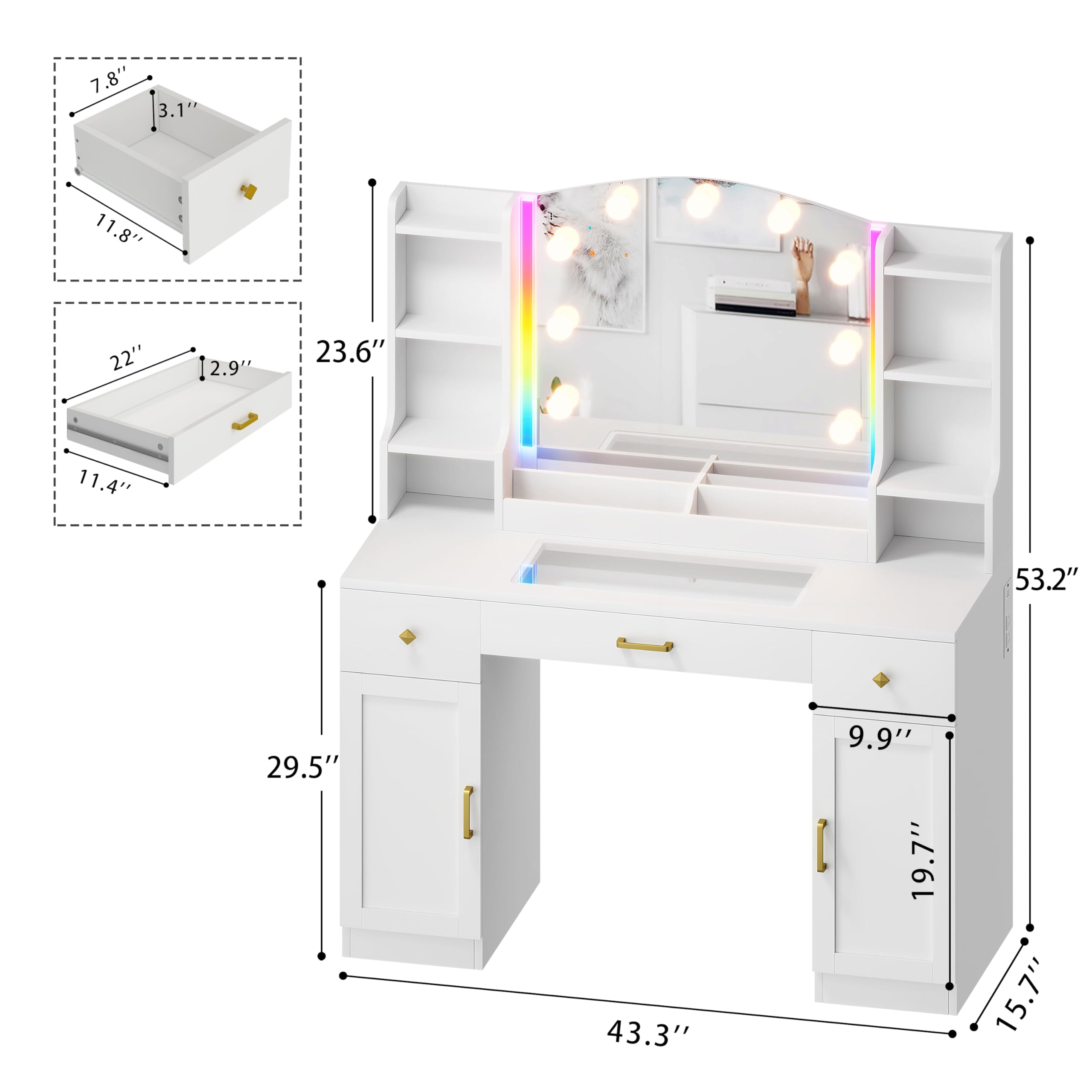 White Makeup Vanity Desk with LED Lights & Mirror - Large Dressing Table with Charging Station, Glass Top & 2 Storage Cabinets - Perfect for Bedroom, Salon & Home Beauty Setup