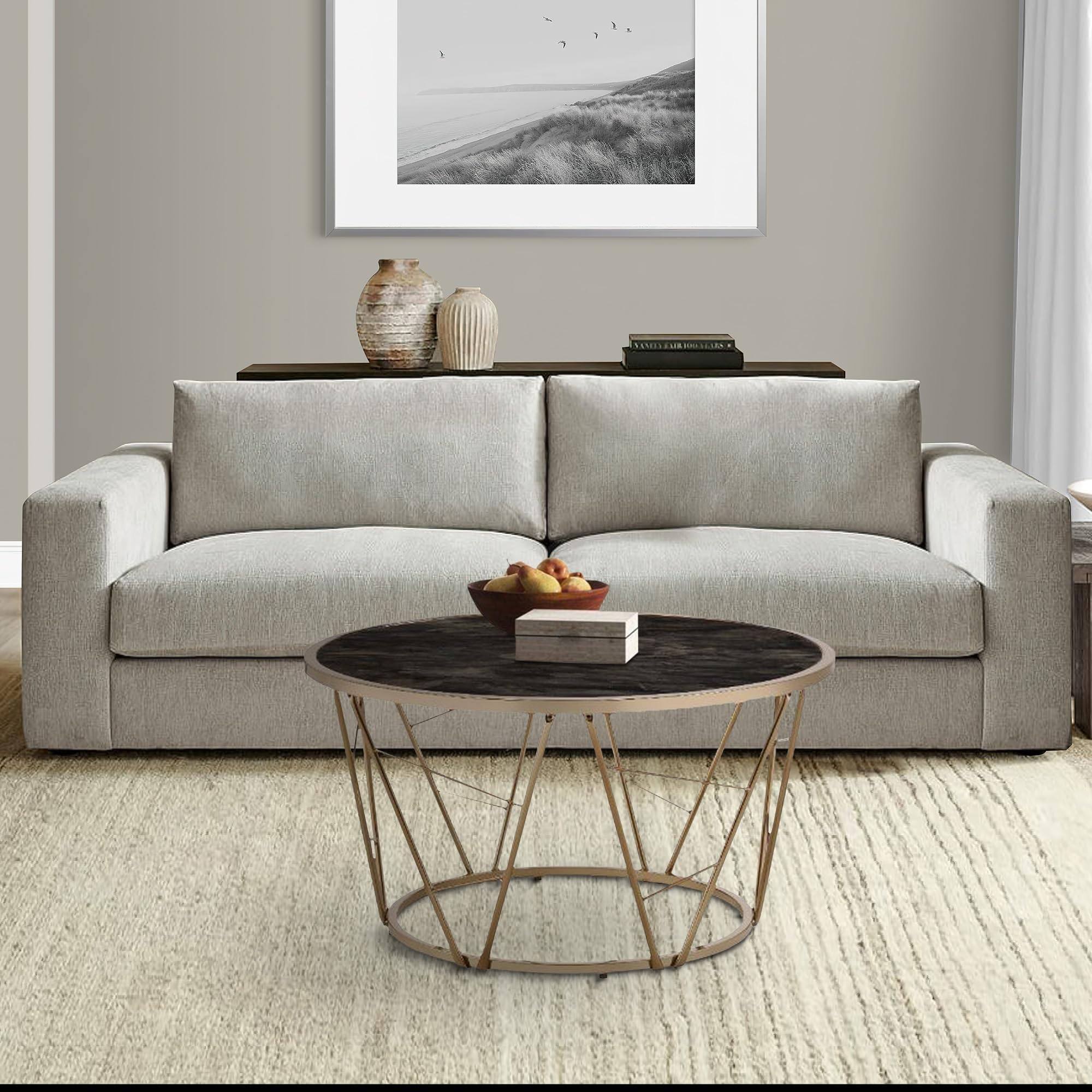 Benjara Modern Coffee Table with Tempered Glass Top & Geometric Metal Frame - Black & Gold Finish | Perfect for Living Room, Lounge & Office Decor