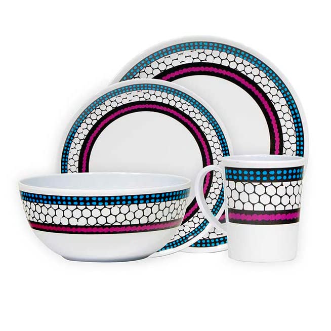 Leisurewize LWACC380 16-Piece Melamine Dinner Set - Plates, Bowls, Mugs & Side Plates - Honeycomb Design, Heat Resistant & Dishwasher Safe - Perfect for Outdoor Camping, Picnics, RV Trips & Dorm Use
