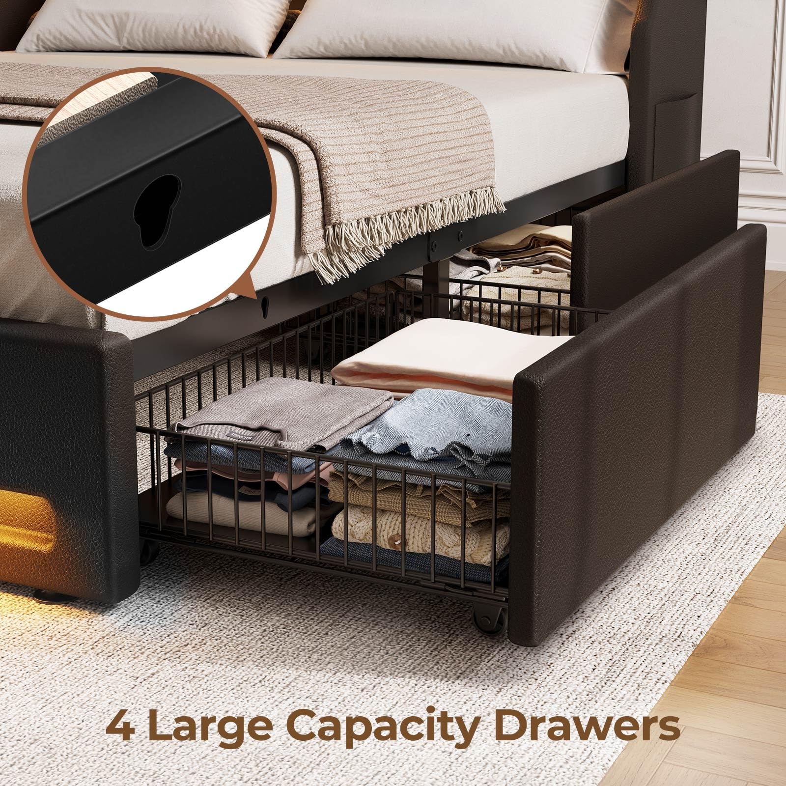 Rolanstar Queen Size Bed Frame with 4 Storage Drawers, USB Charging Station & LED Lights - Upholstered PU Leather Platform Bed with Heavy Duty Wooden Slats, No Box Spring Needed, Quiet & Easy Assembly | Perfect for Small Bedrooms, Guest Rooms & Modern Apartments