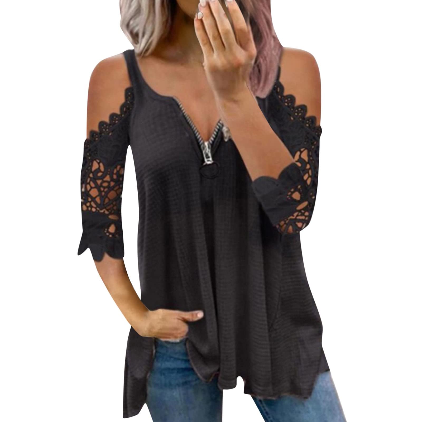 Women's Sexy V-Neck Zipper Blouse - Short Sleeve Casual Tops with Fold Collar | Perfect for Office Wear, Dating & Night Out Outfits