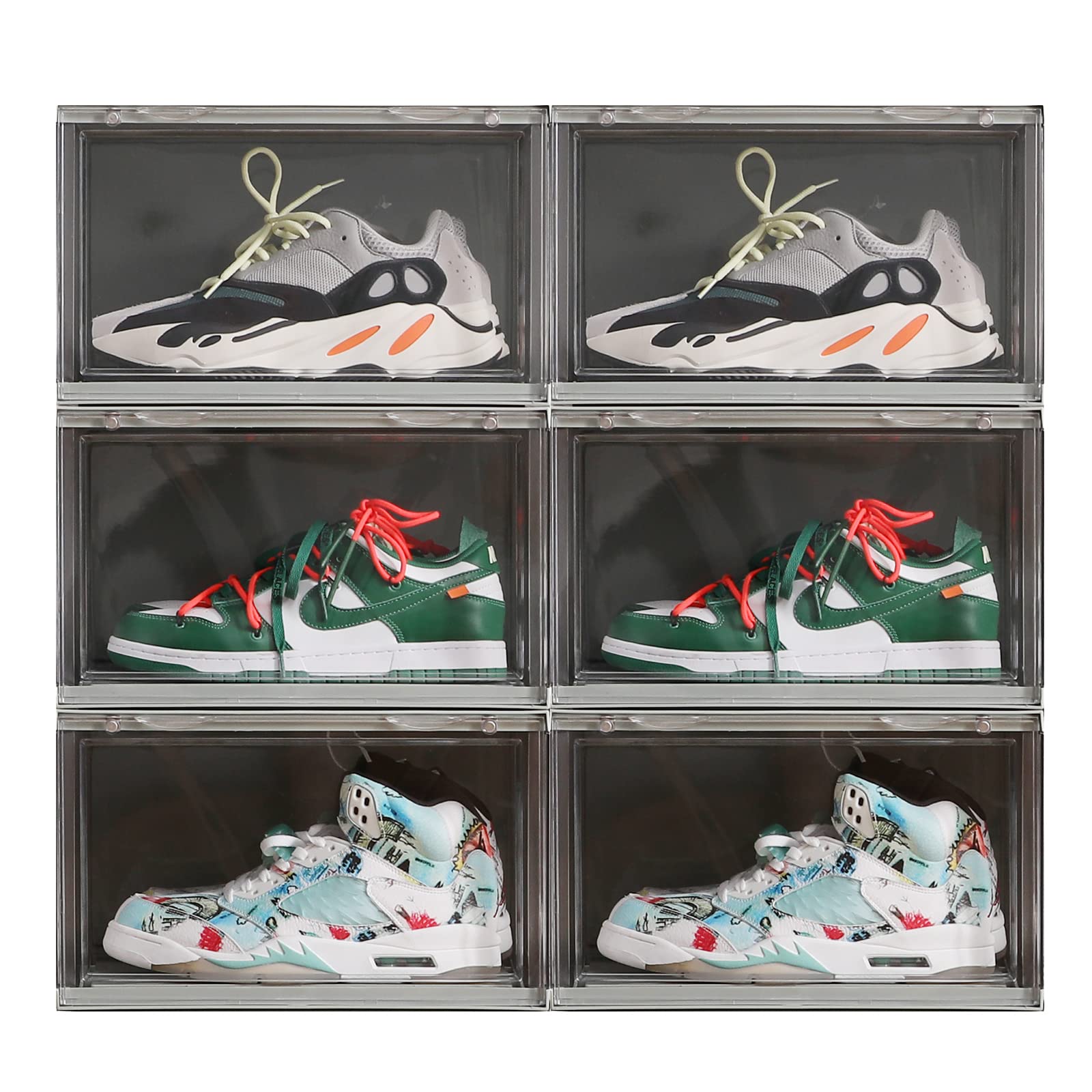Clear Plastic Stackable Shoe Boxes (6 Pack) - Sneaker Storage Containers with Lids, 14.2 x 11 x 8.7 Inches - Fits Up to US Men's Size 13 - Perfect for Closet Organization, Shoe Display & Home Storage (Green)