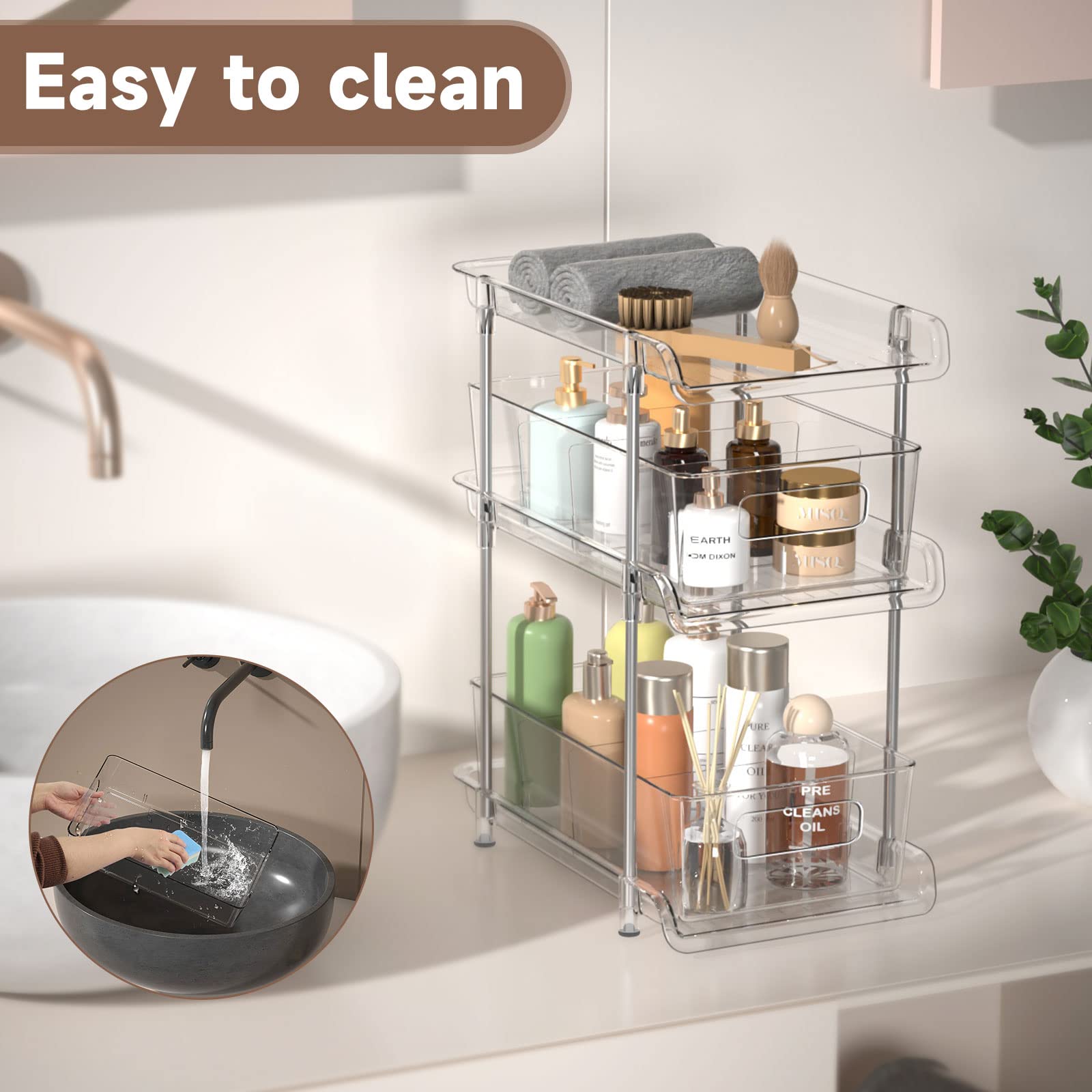 3-Tier Clear Bathroom Organizer with Dividers - Multi-Purpose Pull-Out Pantry Storage - Under Sink Closet Organizer - Vanity Skincare & Cosmetic Organizer - Perfect for Bathroom, Kitchen, Bedroom, and Office Organization