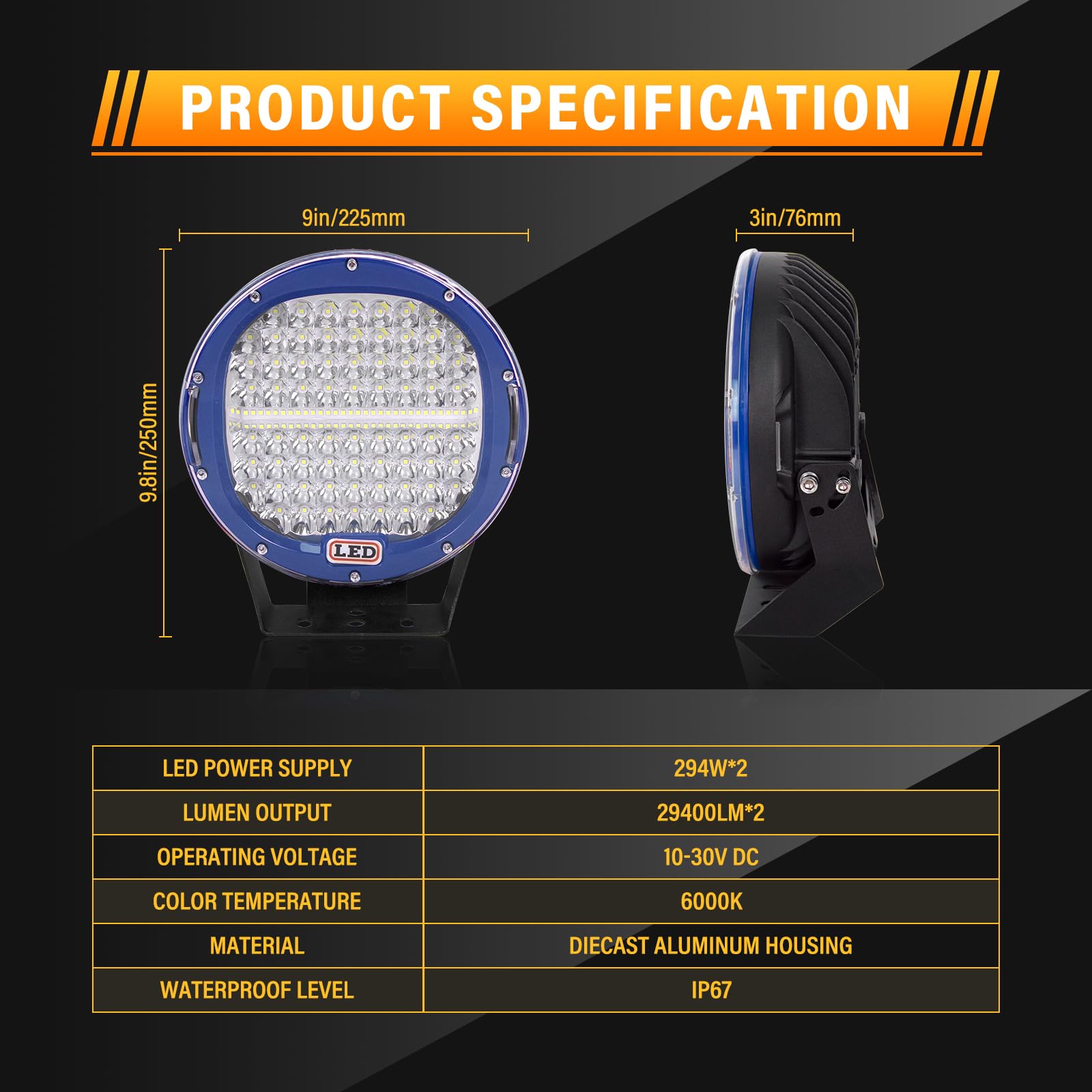 AUXTINGS 2 Pack 9 Inch 294W 24000LM Blue Round LED Light Bar - Waterproof Spot Beam Off-Road Work Lights for Trucks, SUVs, ATVs, Tractors, Boats - Perfect for Night Driving, Off-Road Adventures & Marine Lighting