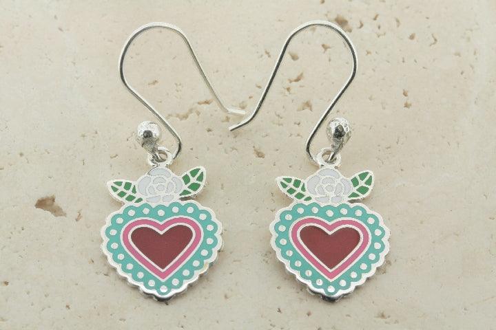 Flying Heart Drop Earrings - Aqua & Red Crystal Dangle Earrings for Women, Elegant Valentine's Day Gift, Perfect for Date Night & Special Occasions