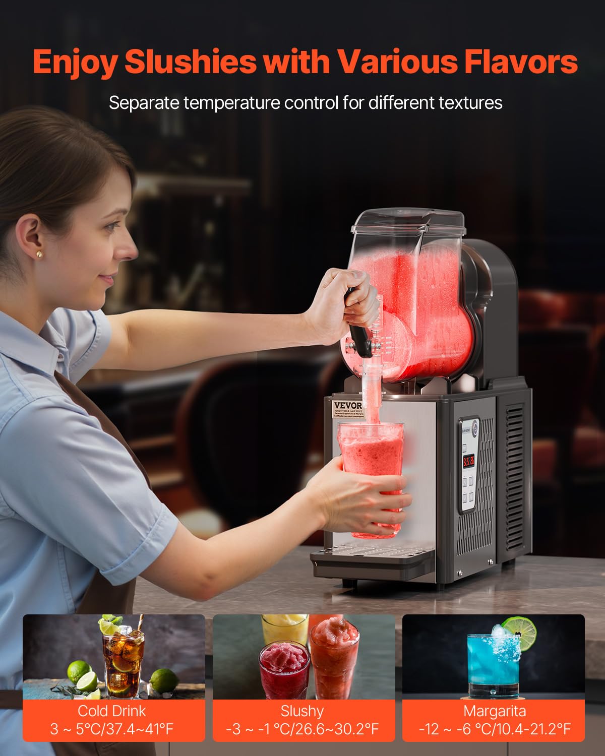 VEVOR Commercial Slushy Machine 4L Single Tank Frozen Drink Maker - 16 Cups Stainless Steel Margarita Smoothie & Slushie Machine for Home, Party, Restaurant, Cafe, Bar - Perfect for Summer Drinks, Cocktails & Frozen Treats