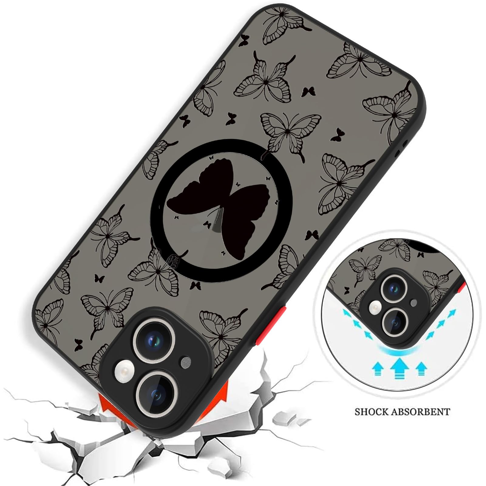 Magnetic Case for iPhone 15 (6.1 Inch) - MagSafe Compatible Clear Frosted PC Back with Black Butterfly Design, Soft Bumper Shockproof Protective Phone Cover for Women | Perfect for Everyday Use, Work & Travel