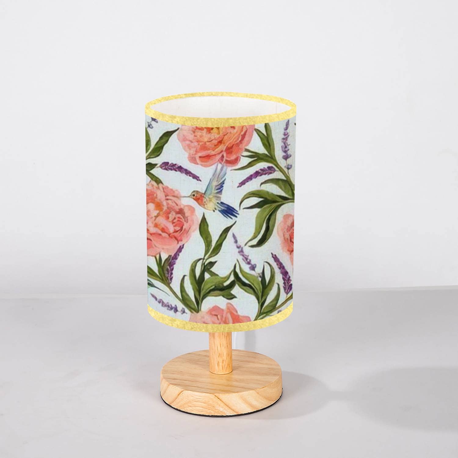 Minimalist Wooden Nightstand Lamp with Hand-Painted Peony Floral Design - Flaxen Fabric Shade for Bedroom, Living Room & Office - Perfect for Reading, Relaxing & Home Decor
