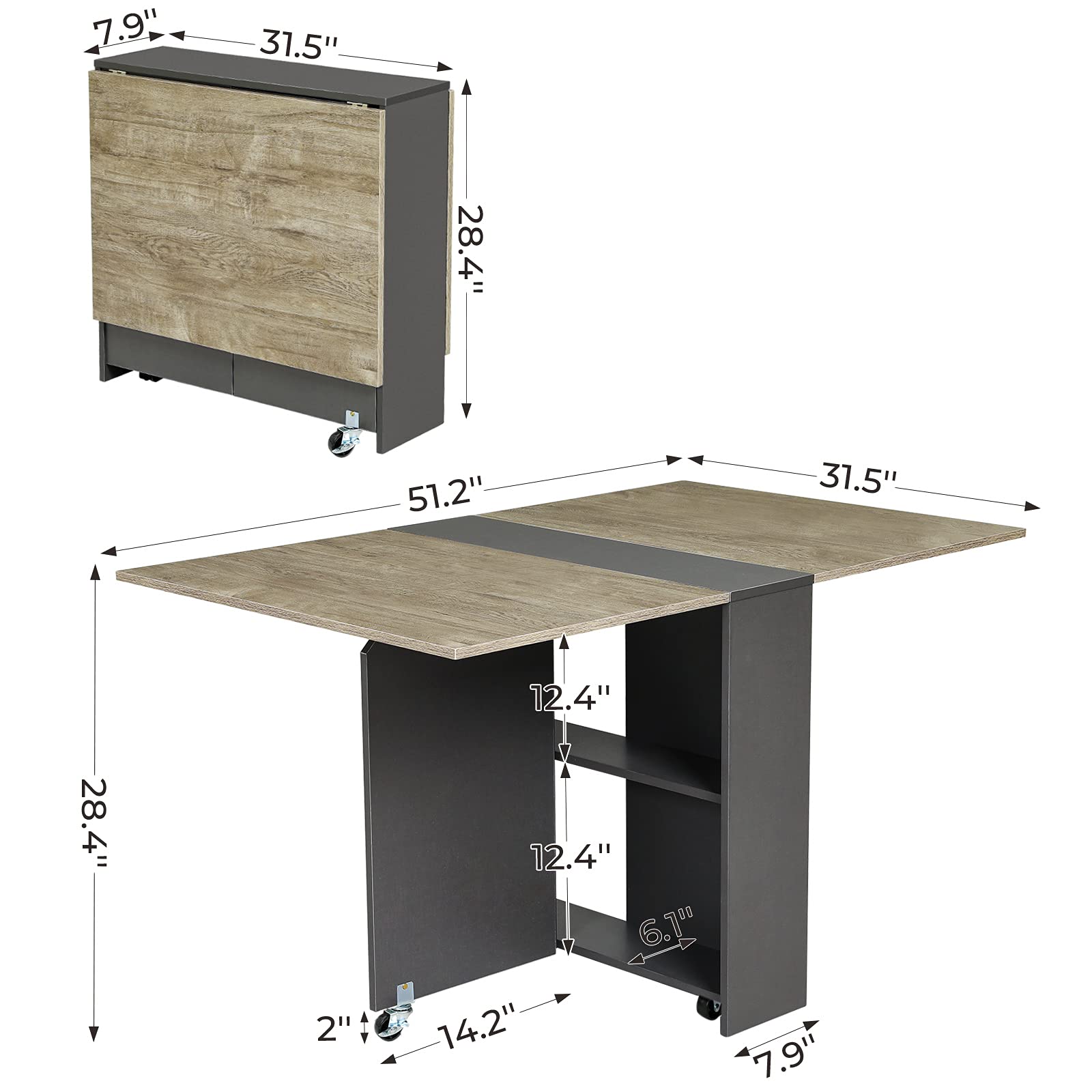 Tiptiper Folding Dining Table with 2 Storage Racks & 6 Wheels - Expandable Drop Leaf Table for Small Spaces - Perfect for Kitchen, Bedroom, Living Room, Dorm & RV Use