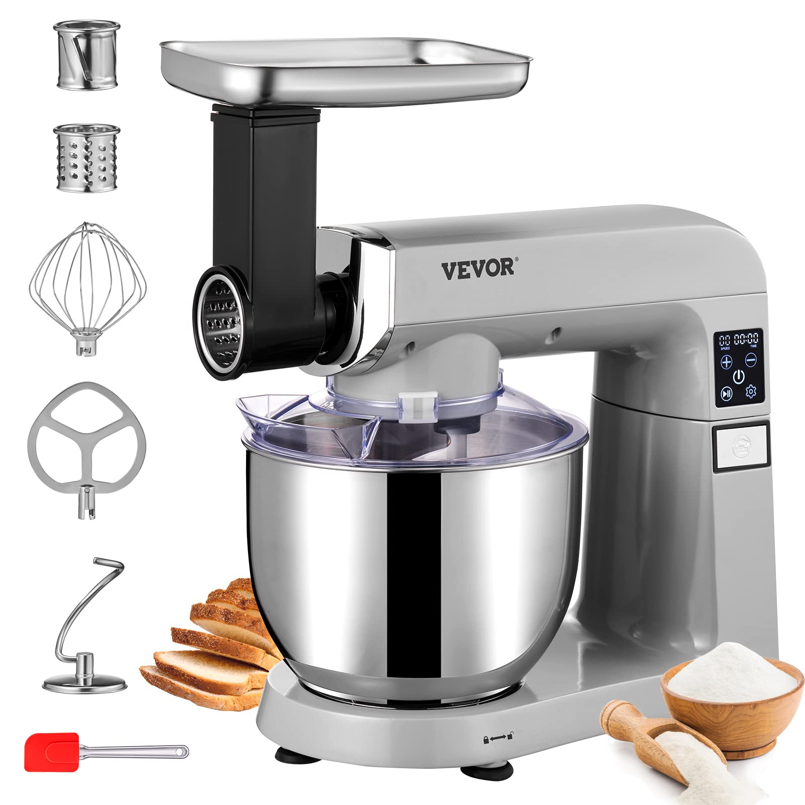 VEVOR 6-in-1 Stand Mixer 450W Tilt-Head Electric Kitchen Mixer with 6 Speeds LCD Timer, 7.4Qt Stainless Steel Bowl - Includes Dough Hook, Flat Beater, Whisk, Scraper, Grinder & Sausage Stuffer - Perfect for Baking, Cooking, Meal Prep & Home Kitchen Use (Gray)