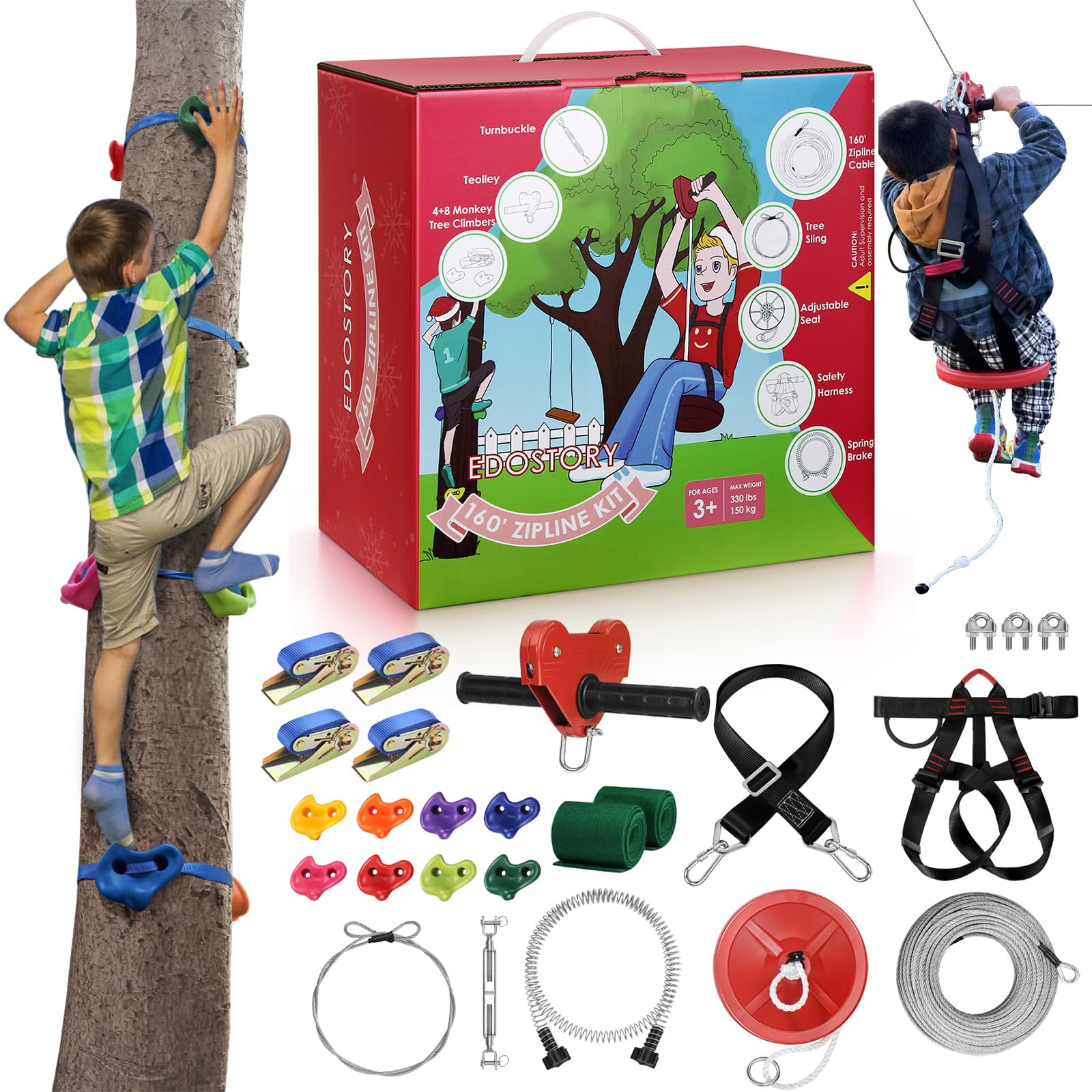 EDOSTORY 160 Feet Heavy Duty Backyard Zip Line Kit for Kids & Adults - 330lb Weight Capacity with Spring Brake & Safety Harness - Includes 4 Tree Climbers - Perfect for Outdoor Adventure, Birthday & Christmas Gifts (Red) - Great for Backyard Fun, Family Bonding & Outdoor Activities