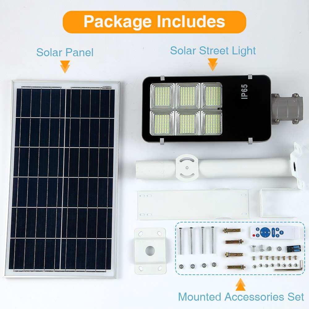 6000W LED Solar Street Light Outdoor - Dusk to Dawn Security Flood Light with Remote Control & Pole, Wireless Waterproof Solar Powered - Perfect for Yard, Parking Lot, Street, Garden, Garage & Pathway Lighting
