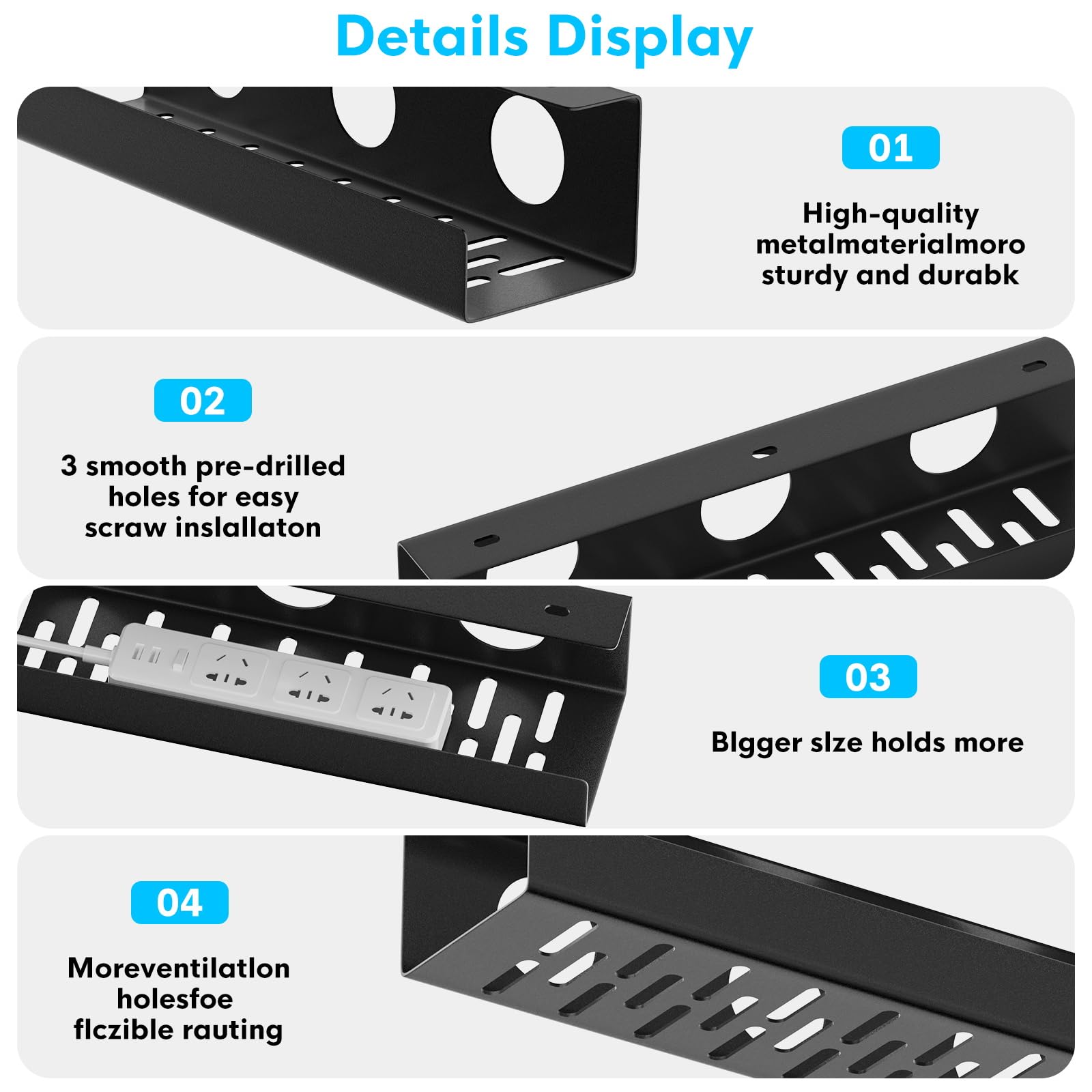 Steel Under Desk Cable Organizer - 2 Pack, No Drill for Office & Home Use