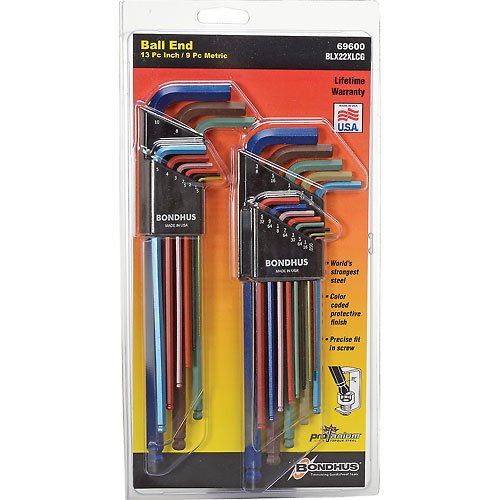 Bondhus 69600 ColorGuard 22-Piece Ball End L-Wrench Hex Key Set (0.050-3/8