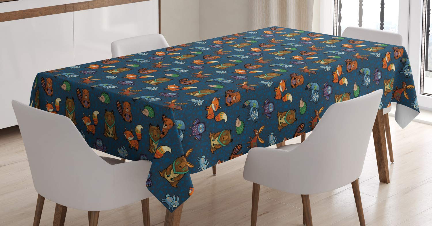 Ambesonne Woodland Tablecloth with Jungle Animal Motifs - Dark Toned Rectangular Table Cover for Dining Room & Kitchen Decor, 60