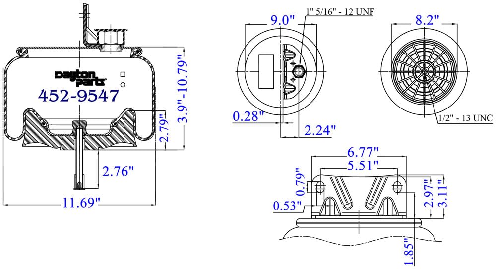 452-9547L Air Spring - Rolling Lobe Type with Composite Piston - 7.36