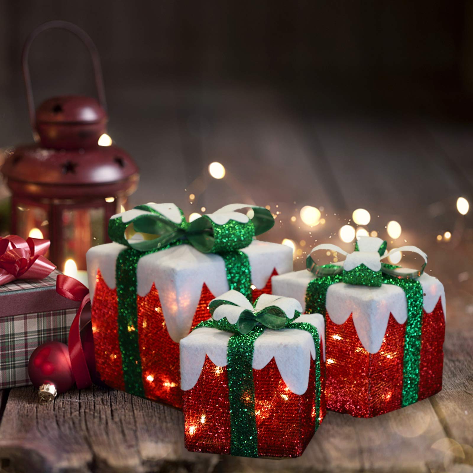 MorTime 3-Pack LED Gift Boxes with Green Bows - Christmas Indoor/Outdoor Decor