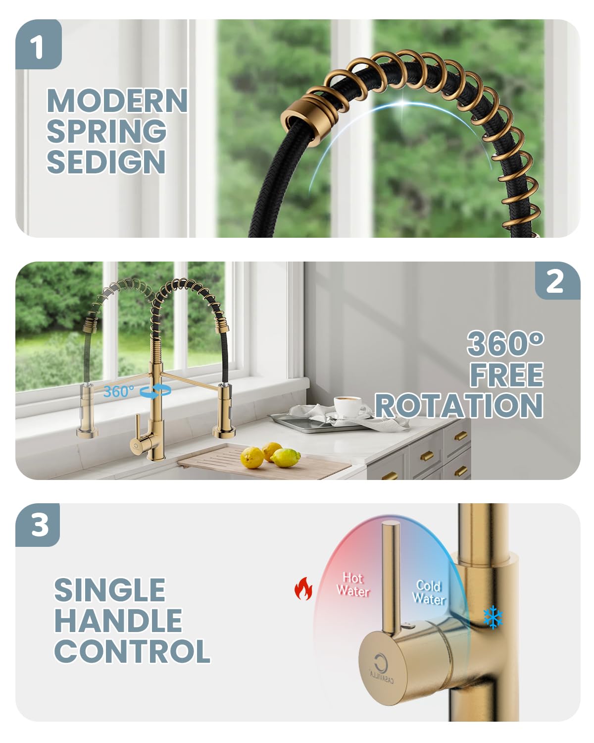 Brushed Gold Kitchen Faucet with Soap Dispenser & Deck Plate - Single Handle Stainless Steel Pull Down Sprayer for Farmhouse, RV & Camper Sinks | Perfect for Modern Kitchens & Small Space Living