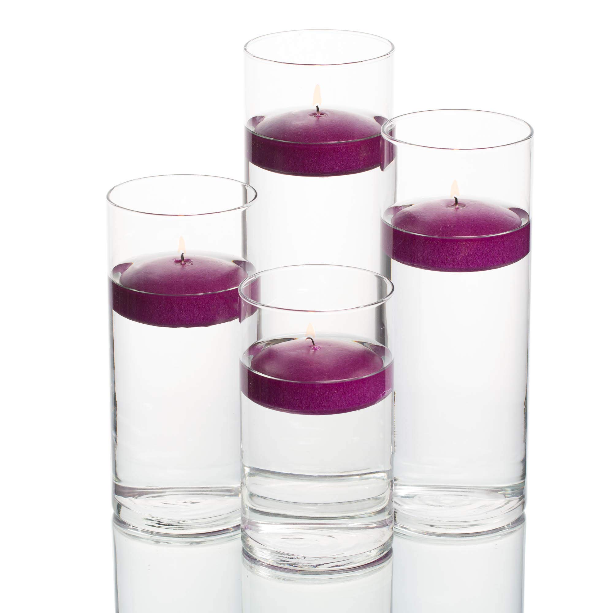 Richland Set of 48 Eastland® Glass Cylinder Vases with 48 Purple Floating Candles (3 Inch) - Perfect for Wedding Centerpieces, Romantic Dinners & Home Decor