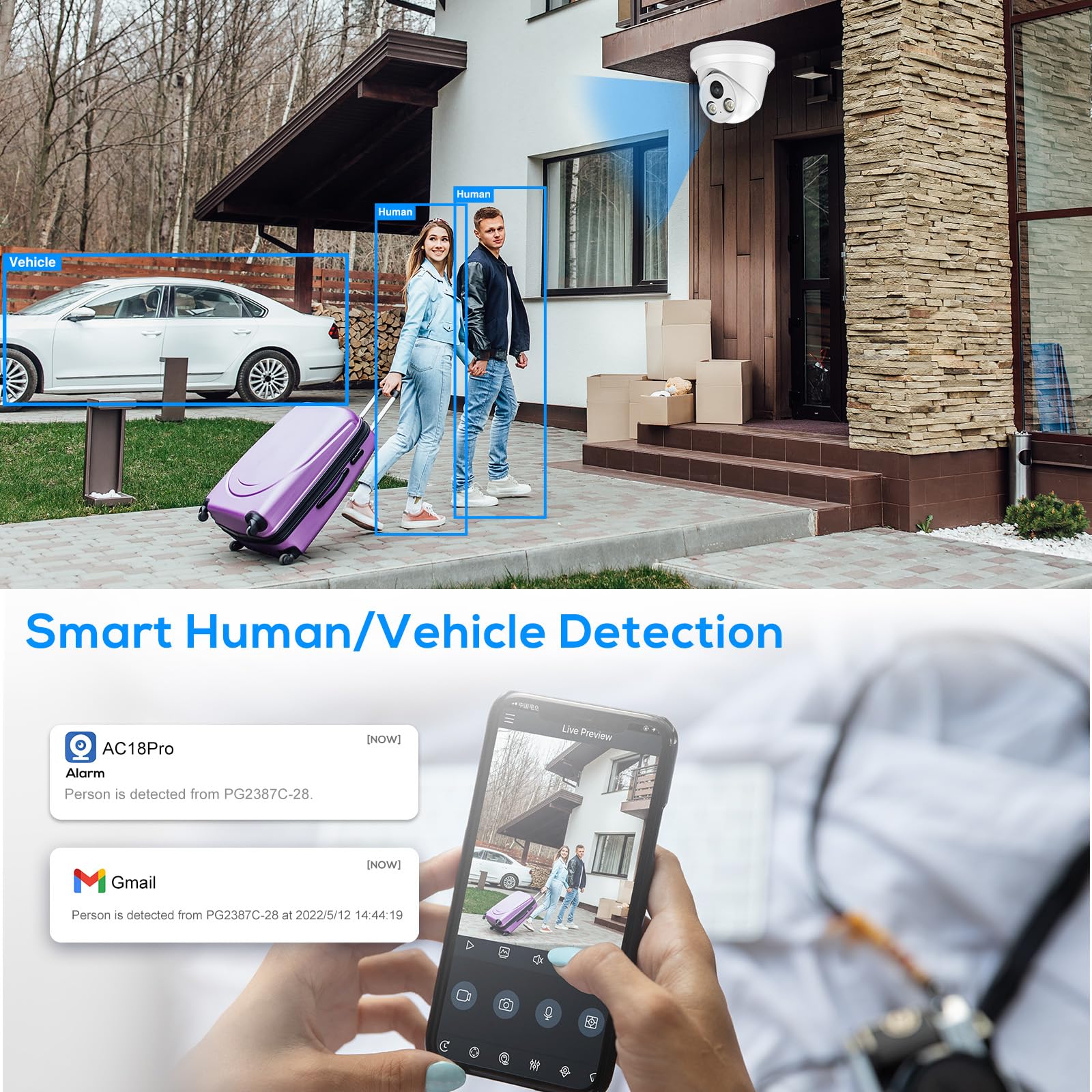 Hikvision 4K 8MP Outdoor PoE Security Camera with Human/Vehicle Detection - Full Color Night Vision, 2.8mm Lens, Built-in Mic, IP67 (PG2387C) - Ideal for Home Security, Business Surveillance & 24/7 Property Monitoring