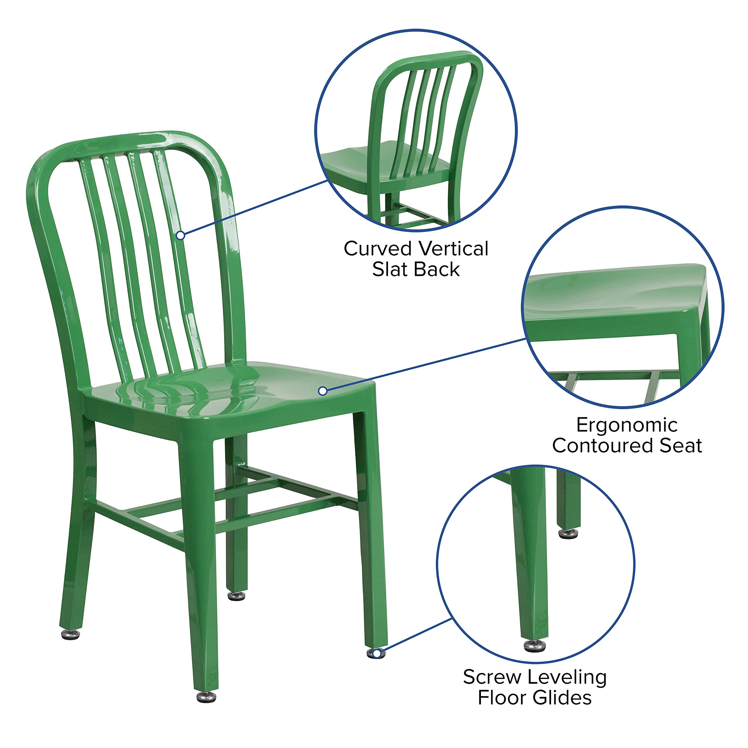 Merrick Lane Santorini Indoor/Outdoor Dining Chair - Green Galvanized Steel Frame - 18 Inch Seat - Slatted Back - Perfect for Patio, Garden, and Dining Room Decor