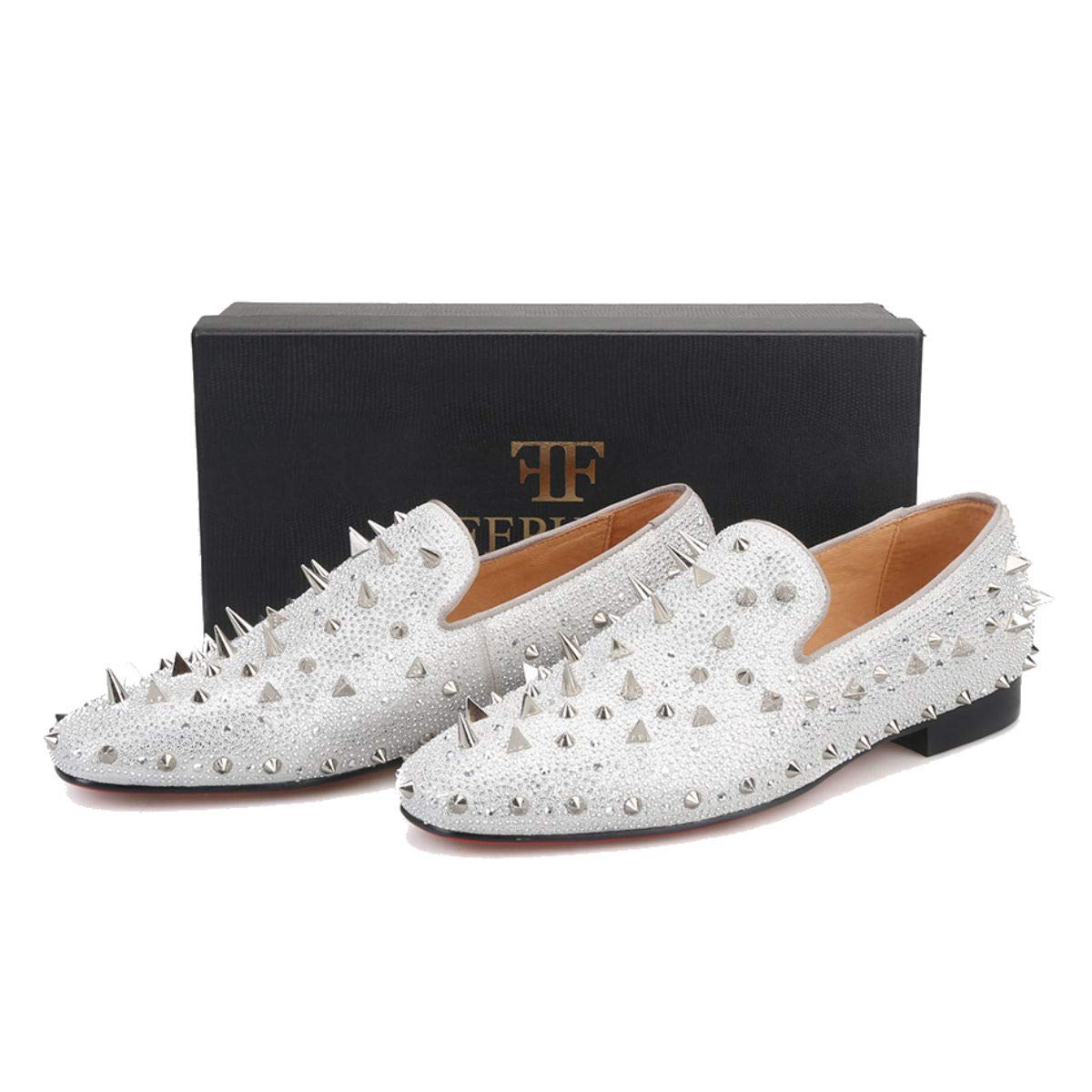FERUCCI Men's Silver Spiked Loafers with Crystal Rhinestones - Stylish Comfort for Casual Wear & Night Out