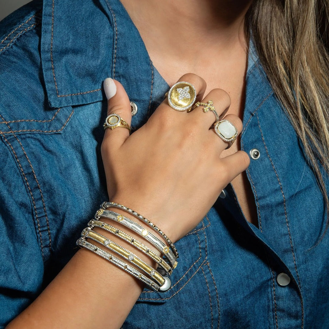 Jude Frances Mixed Metal Large Moroccan Pave Cushion Stone Ring for Women - Elegant Boho Jewelry for Parties, Weddings & Everyday Wear