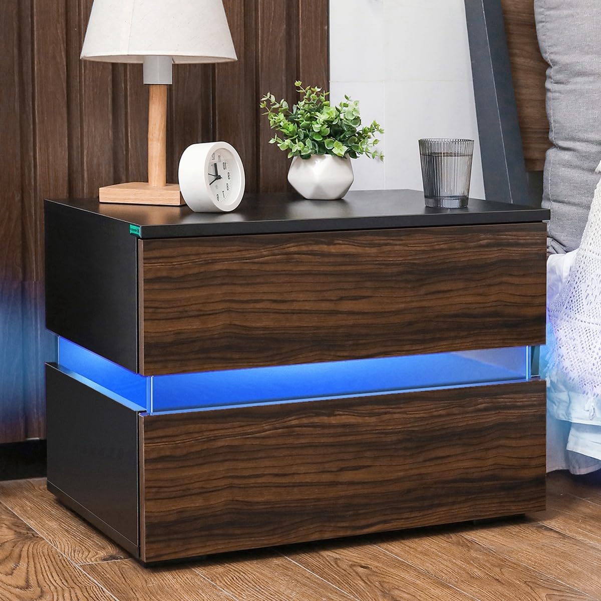 Modern LED Nightstand with 2 Drawers - High Gloss Storage Cabinet Bedside Table for Bedroom Furniture in Brown - Perfect for Small Spaces, Apartments & Contemporary Home Decor