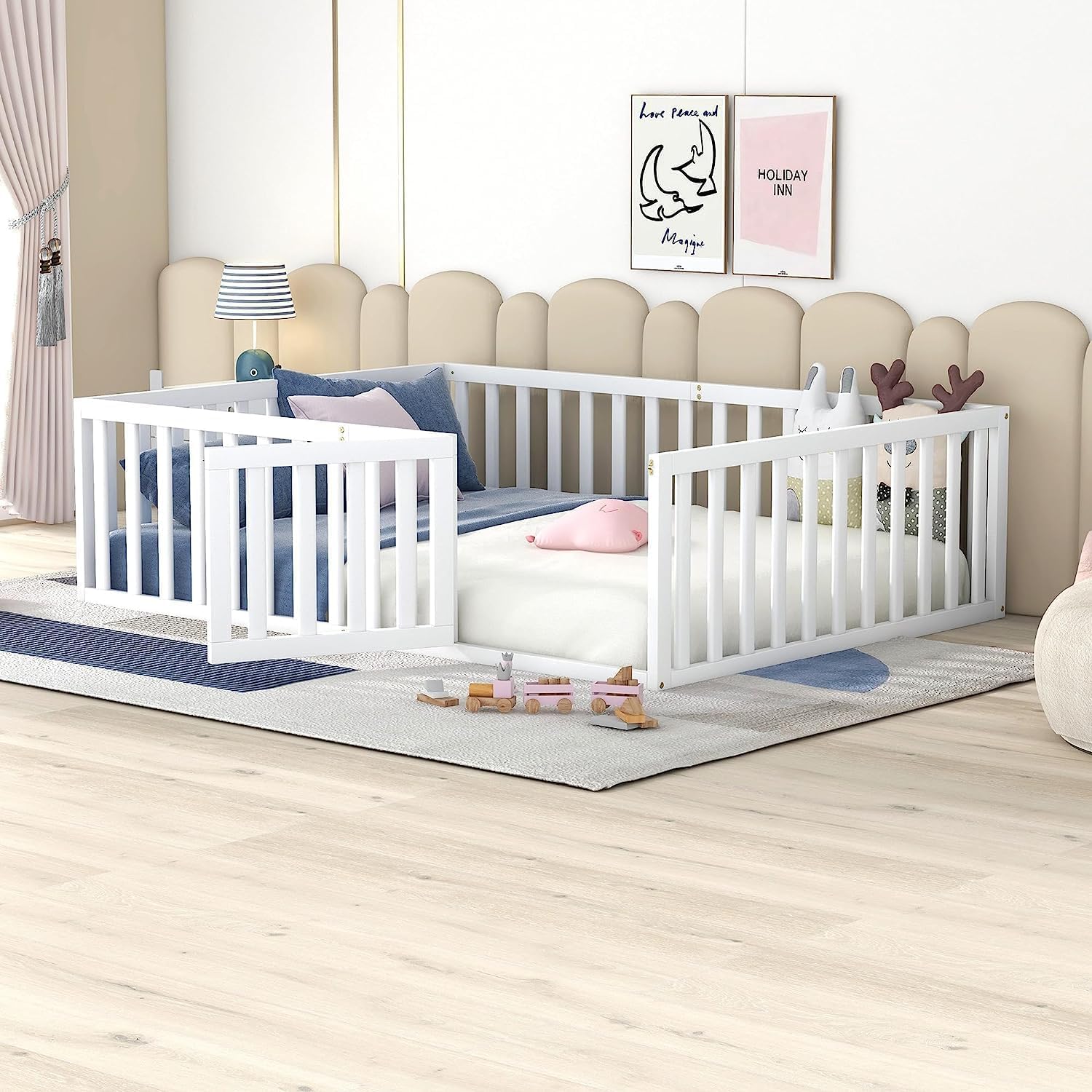 **Harper & Bright Designs Full Size Floor Bed with Safety Guardrails & Door - Wooden Montessori Bed Frame for Kids, Girls & Boys - White - Perfect for Toddler Rooms, Playrooms & Montessori Bedrooms**