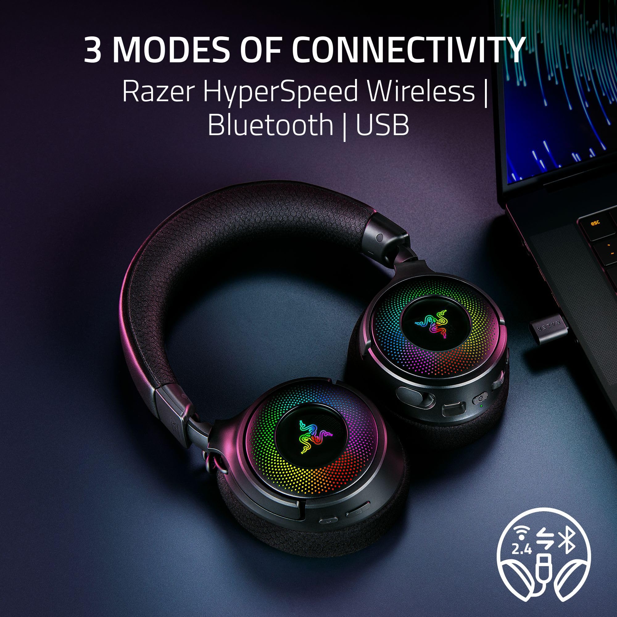 Razer Kraken V4 Wireless Gaming Headset with 2.4GHz & Bluetooth - 40mm Drivers, Super Wideband Mic, 9-Zone RGB Lighting - Compatible with PC, Mac, PS5, Switch, Steam Deck & Smartphones - Perfect for Gaming, Streaming & Online Meetings (Black)