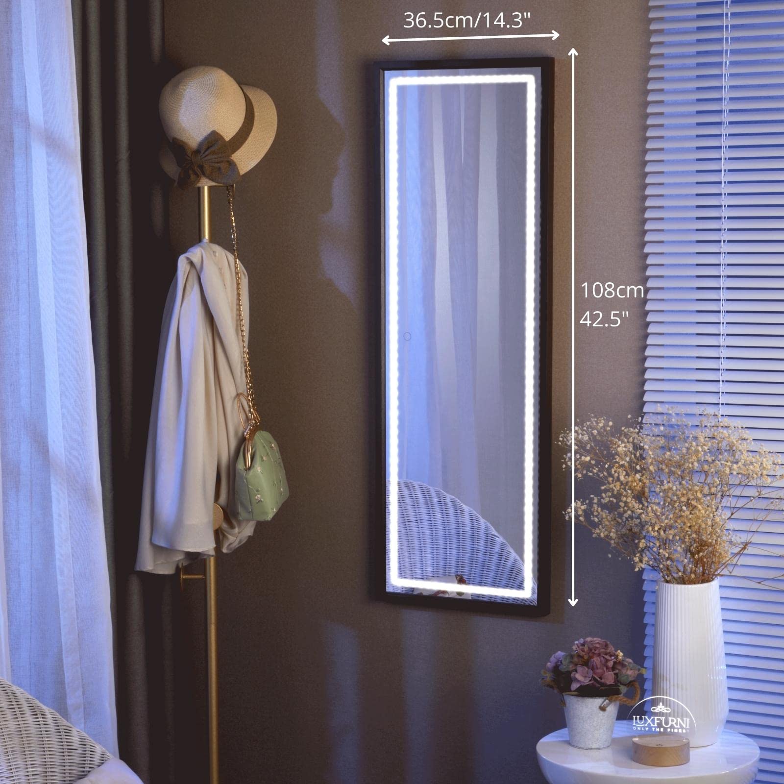 LUXFURNI Full Length LED Mirror with Lights - Adjustable Brightness Wall Mount & Over Door Hanging Mirror for Bedroom, Dressing Room, Vanity - Perfect for Makeup, Outfit Checks & Home Decor