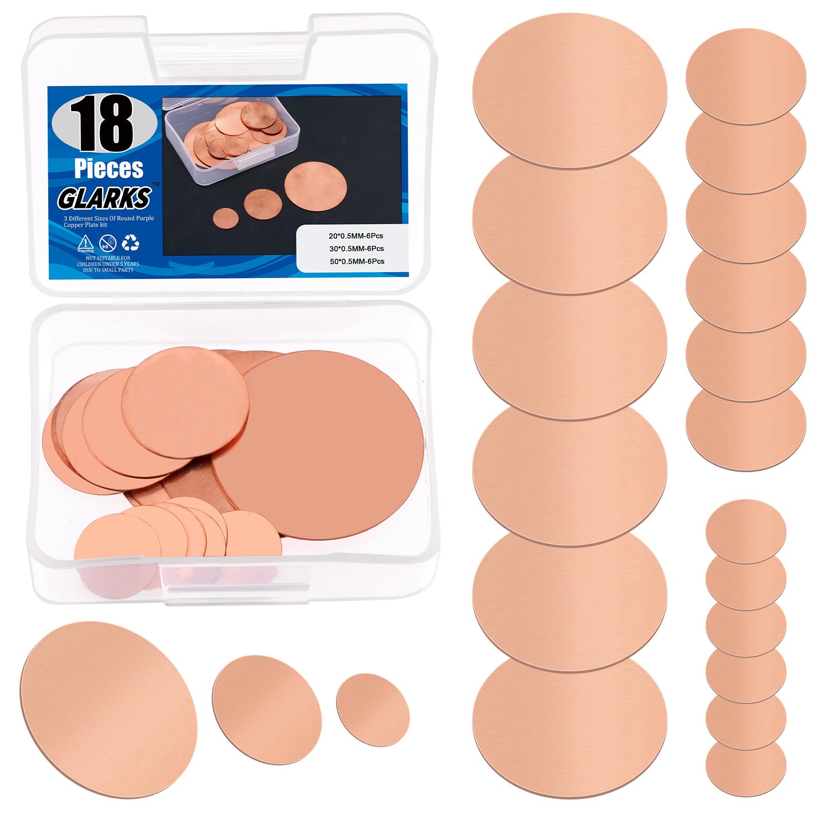 Glarks 18pcs Pure Copper Sheet Metal Discs - T2 Copper Round Plates (0.8/1.2/2mm x 0.02