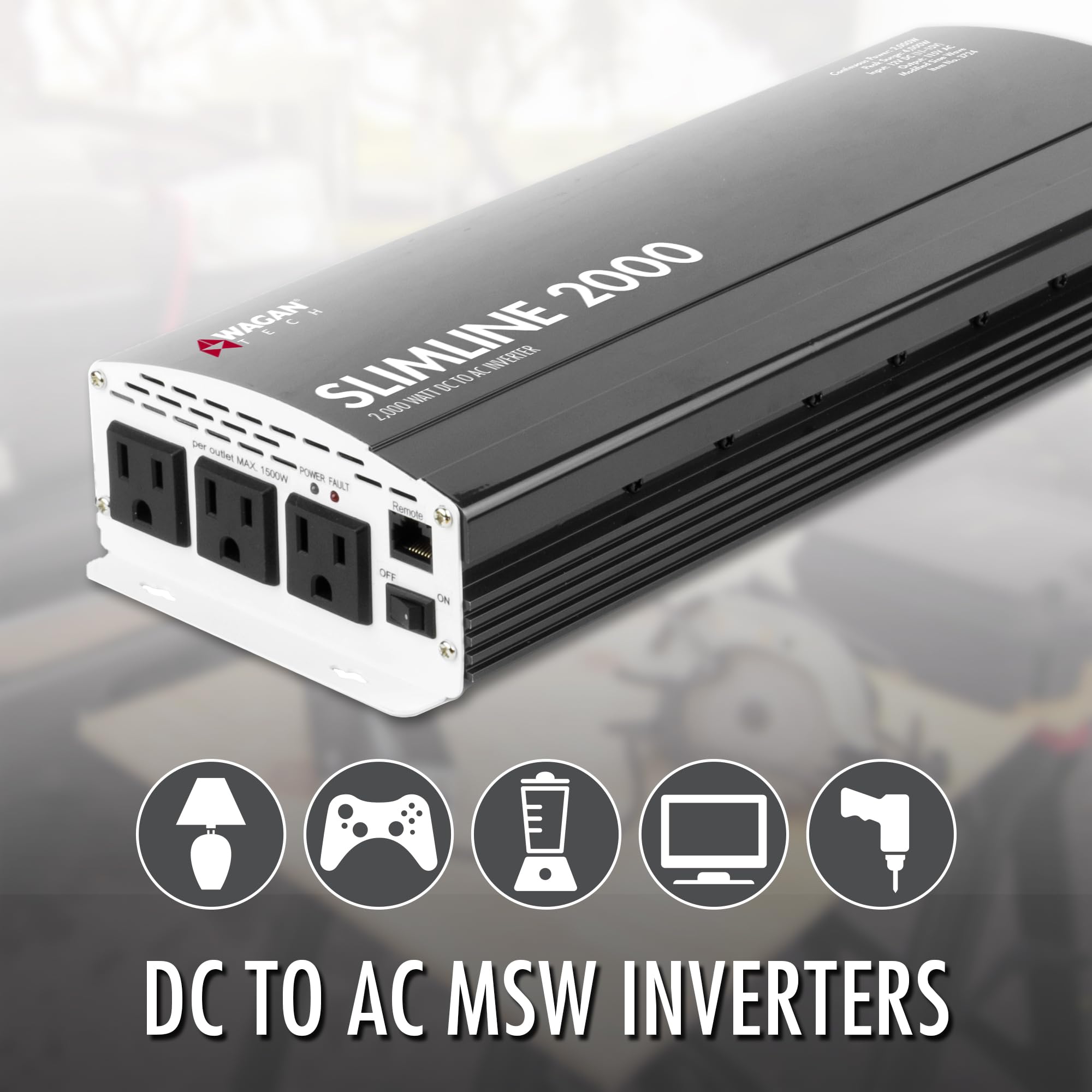 Wagan EL3724 2000W TrueRated Power Inverter - 12V DC to 110V AC Converter with 3 Outlets & 2A USB Port - 4500W Surge for Cars, RVs, Camping & Emergency Power Backup