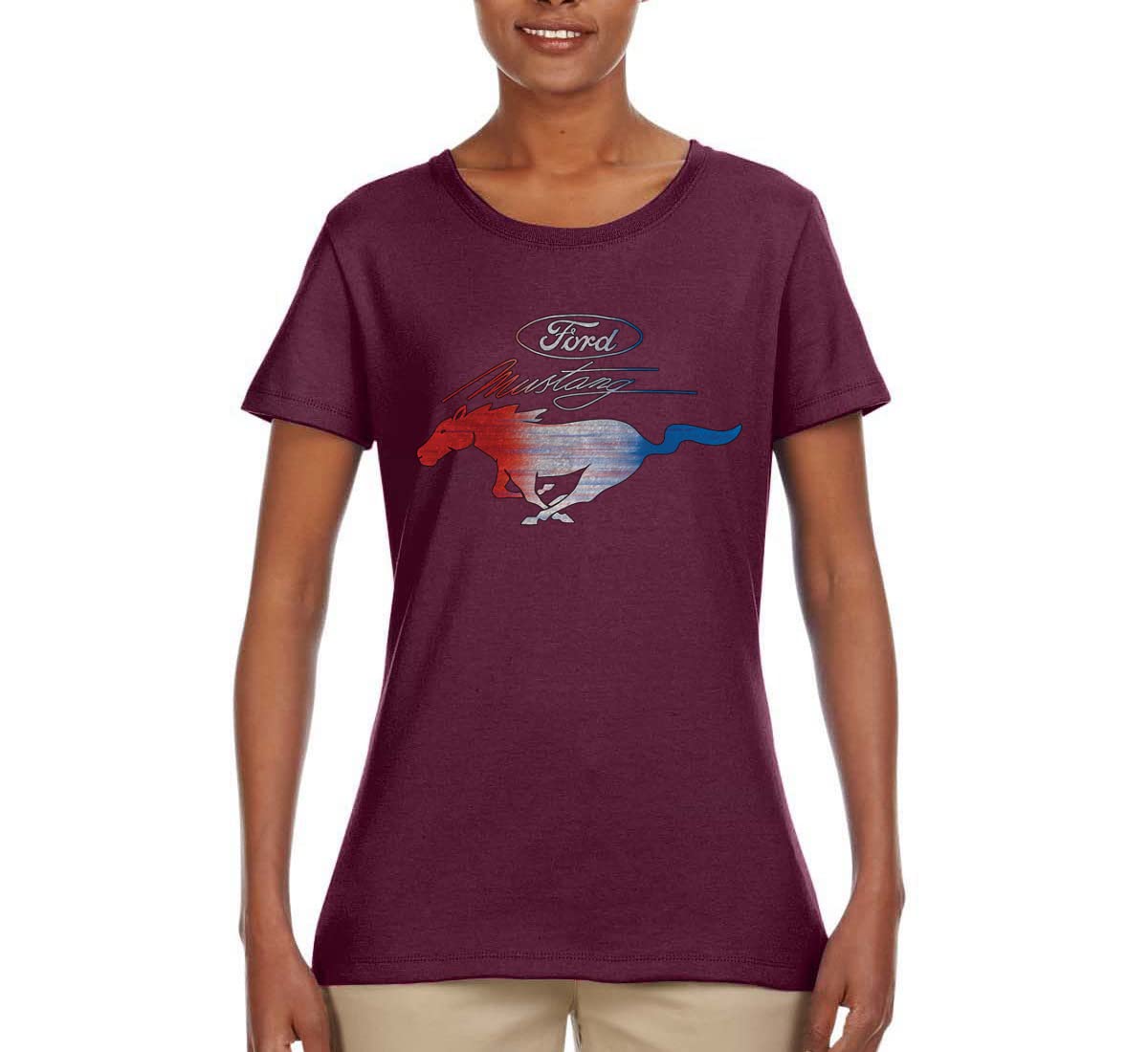 Ford Mustang Graphic T-Shirt for Women - USA Flag & Mustang Emblem Design - Casual Wear for Car Enthusiasts & Truck Lovers
