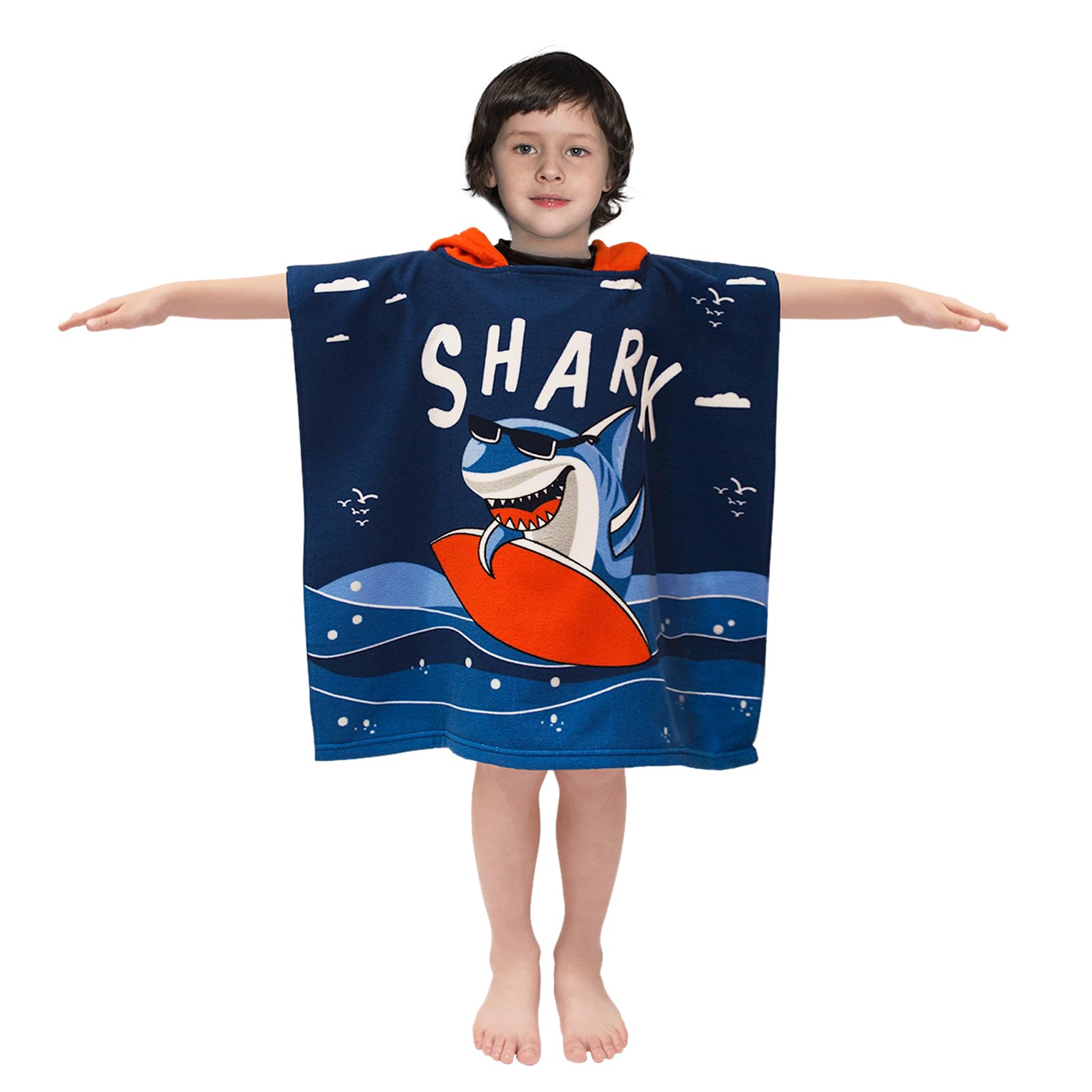 Shark Surfing Hooded Kids Beach Towel - Quick Dry Lightweight Soft Microfiber Poncho Towel 24x23 for Toddlers Boys & Girls Ages 1-6 | Swim Cover Up, Pool, Bath & Outdoor Activities