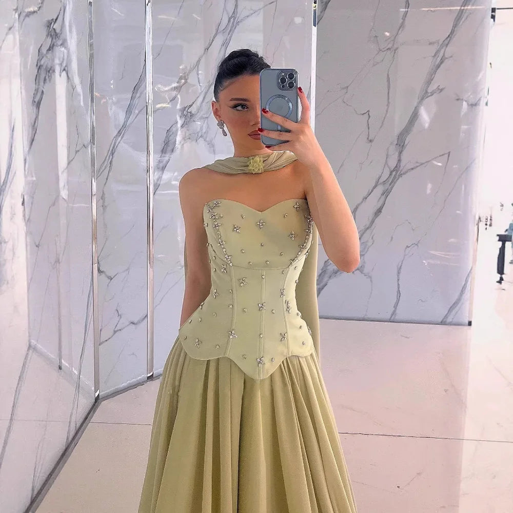 Elegant Sage Green Strapless A-Line Chiffon Evening Dress LA73073 for Prom, Wedding, Cocktail Party & Formal Events