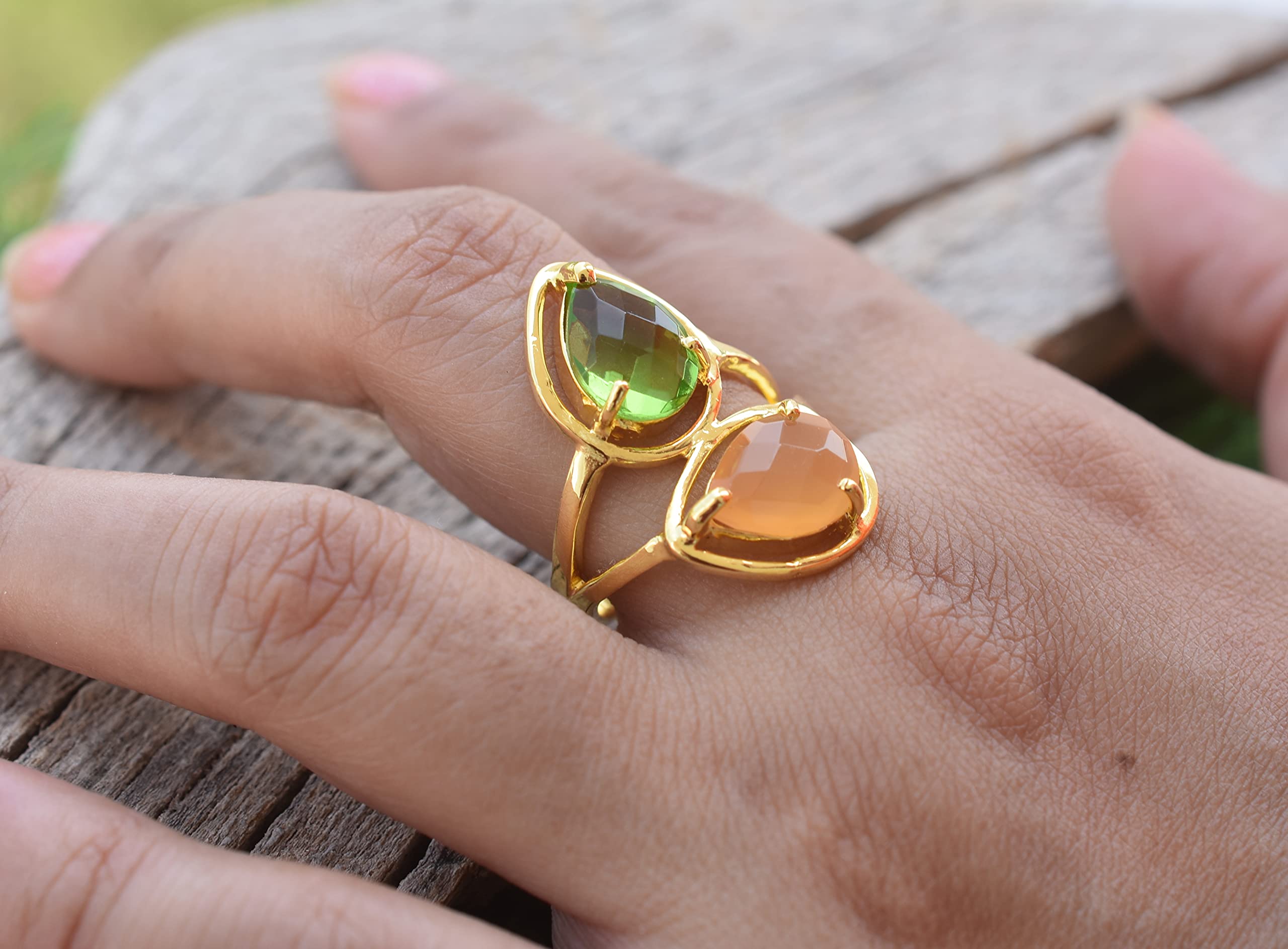 Veracity Jewelry 18K Gold Plated Peridot & Peach Moonstone Ring for Women - Handmade Multi Gemstone Ring - Elegant Gift for Girlfriend, Mother, Wife - Perfect for Weddings, Anniversaries & Special Occasions