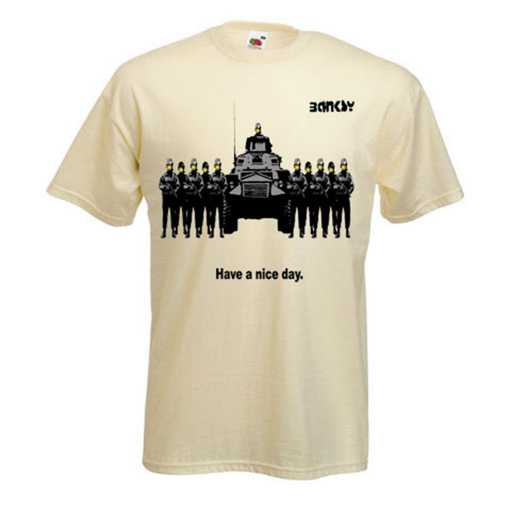Banksy Have A Nice Day Graphic T-Shirt for Men - X-Large Beige Tribal Design | Streetwear, Casual Wear & Urban Fashion