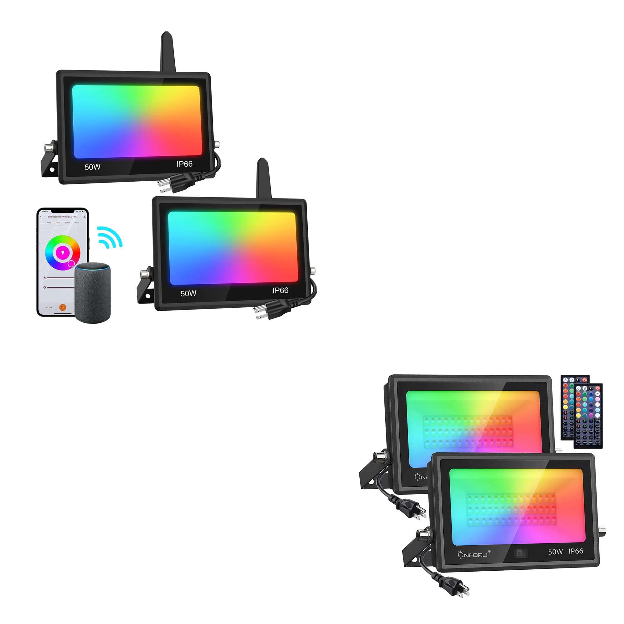 Onforu 4 Pack 500W Equivalent WiFi LED RGBCW Flood Lights - Smart Color Changing Stage Uplights, Works with Alexa & Google Home, Dimmable Strobe Wall Washer for Party, Christmas, Halloween, Birthday, Landscape Lighting (Indoor/Outdoor Use)