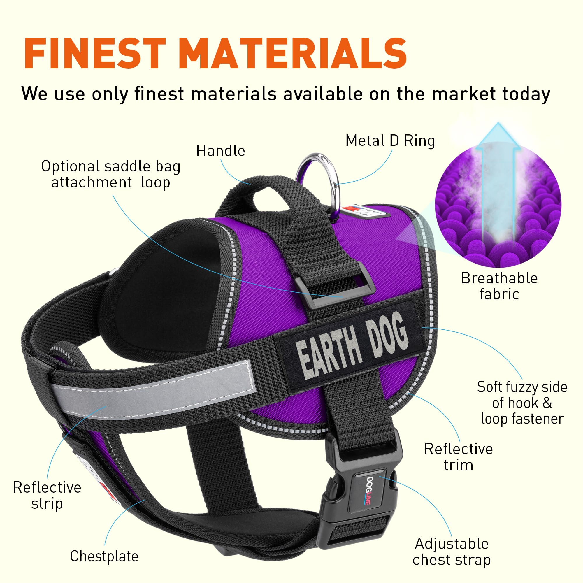 Dogline No-Pull Vest Harness for Medium to Large Dogs (28-38 Inch Chest), Adjustable & Breathable with 2 Removable Earth Dog Patches - Purple | Perfect for Walking, Training & Outdoor Adventures