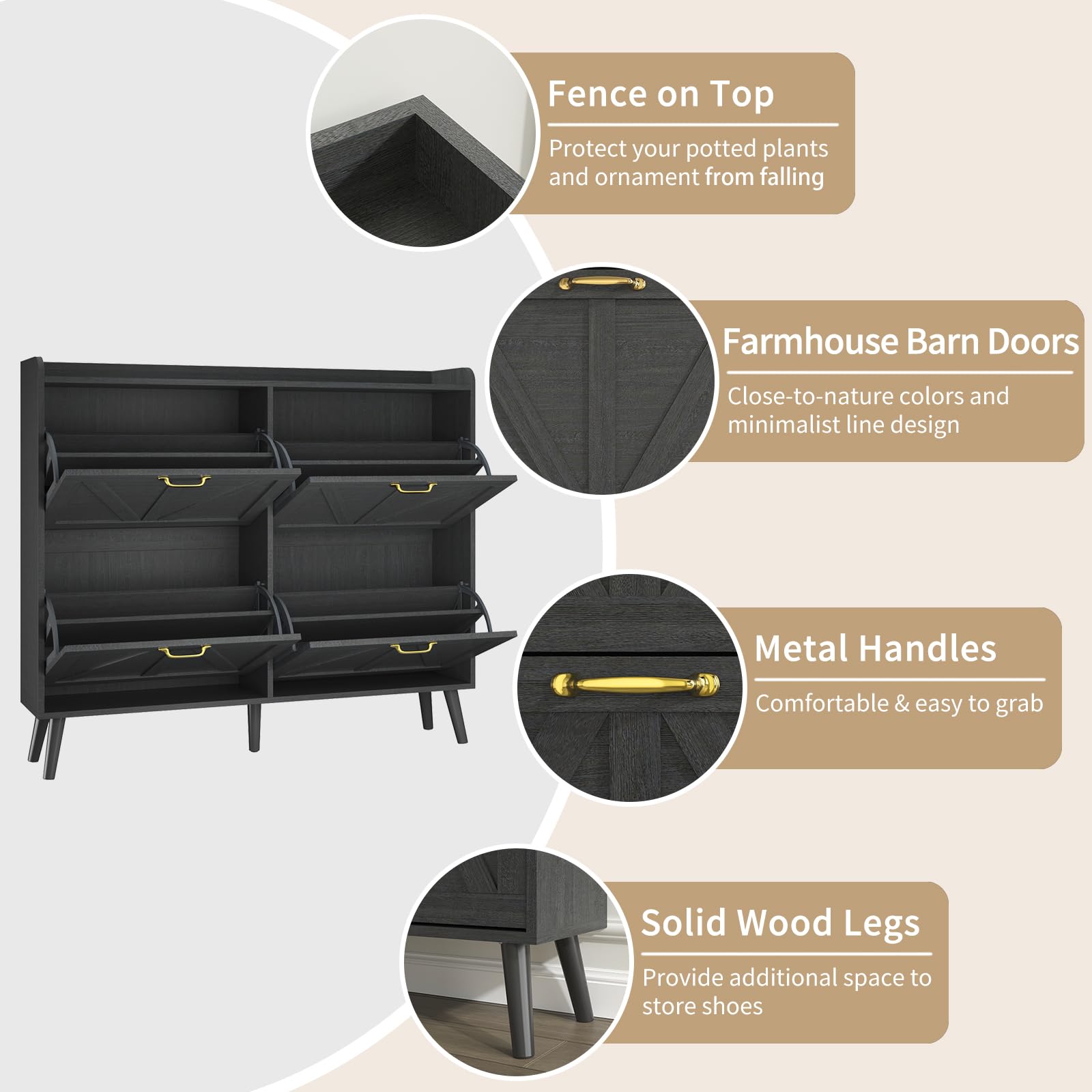 4-Tier Flip-Drawer Shoe Storage Cabinet - Freestanding Entryway Organizer with Wooden Legs | Farmhouse Style Hidden Shoe Rack for Hallway, Bedroom & Closet (Black)