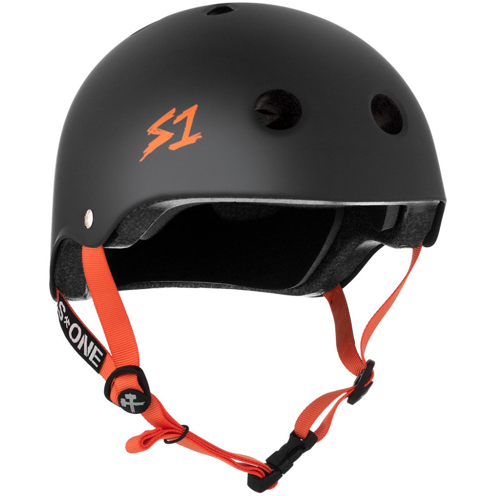 S One Lifer Helmet - Matte Black with Orange Straps - Skateboard, BMX & Scooter Safety Gear for Extreme Sports & Urban Riding
