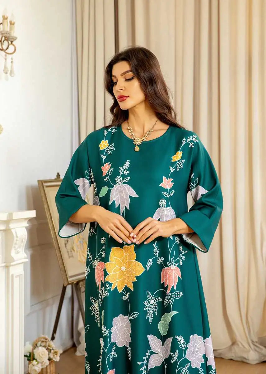 Elegant Hotfix Rhinestone Beaded Caftan Dress for Women - Perfect for Eid Celebrations, Weddings & Special Occasions