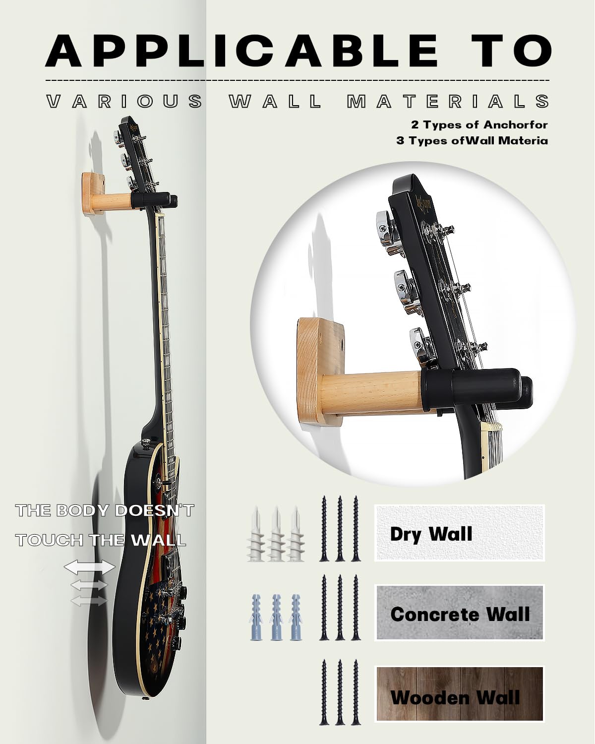 Leo Jaymz Solid Wood Guitar Wall Mount Hanger - Heavy Duty Hook Holder Stand with Screws for Acoustic/Electric Guitar, Bass, Banjo & Mandolin - Perfect for Home Studio, Music Room & Stage Organization