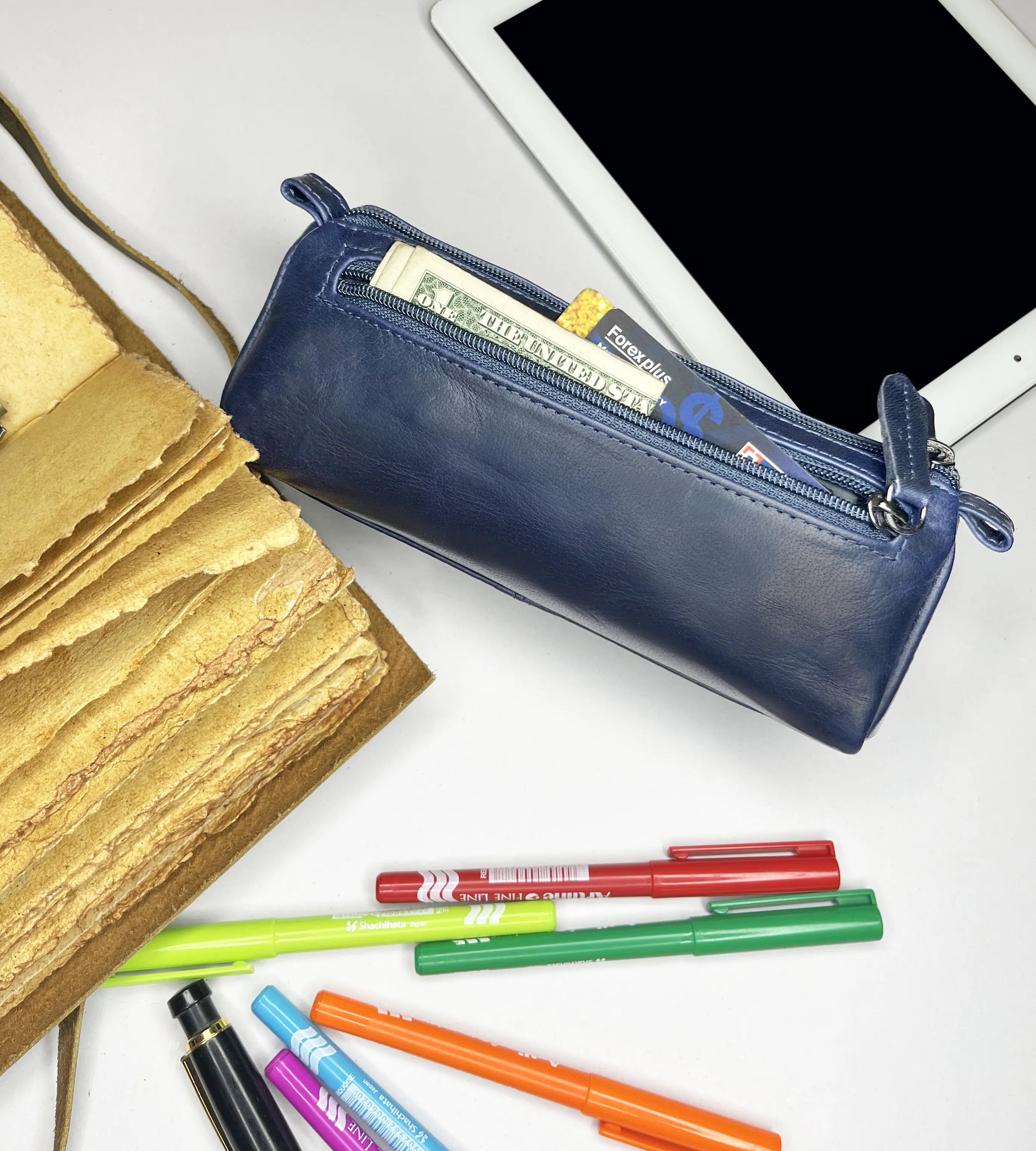 Premium Genuine Leather Pencil Case with Zipper - Blue Pen Pouch for School, Office & Travel Organizer - Perfect for Students, Professionals & Artists