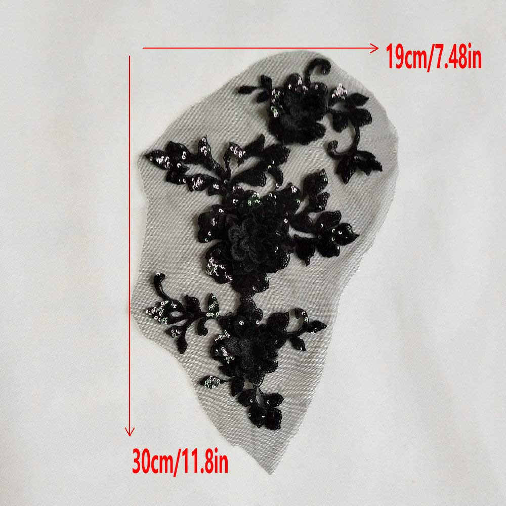 3D Embroidery Sequins Rose Patches - DIY Sewing Iron-On Appliques for Dress, Costume & Garment Decoration - Black Floral Embellishments for Performance Outfits, Dance Costumes & Fashion Design